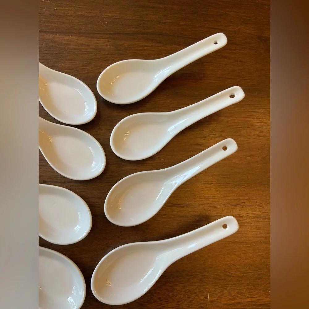 Pier 1 White Porcelain Rice/broth Spoons Lot Set Of 8 Sushi Night Asian